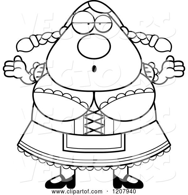 Vector of Cartoon Black and White Careless Shrugging Chubby Oktoberfest German Lady
