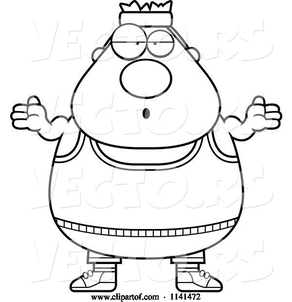 Vector of Cartoon Black and White Careless Shrugging Plump Gym Guy