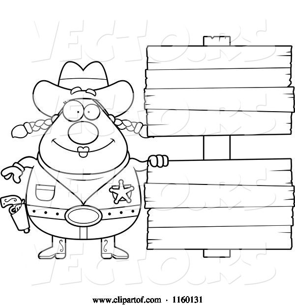 Vector of Cartoon Black and White Chubby Cowgirl by Double Wooden Signs