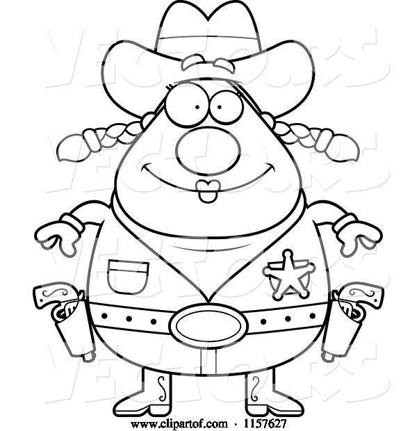 Vector of Cartoon Black and White Chubby Female Cowgirl Sheriff