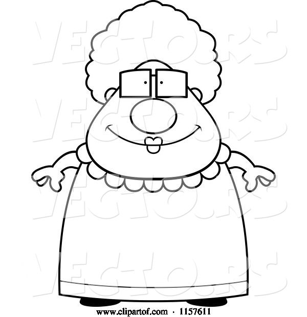 Vector of Cartoon Black and White Chubby Granny in a Pink Dress