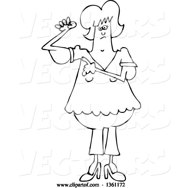 Vector of Cartoon Black and White Chubby Lady with Flabby Arms, Pointing to the Problem