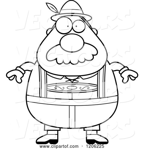 Vector of Cartoon Black and White Chubby Oktoberfest German Guy with a Mustache