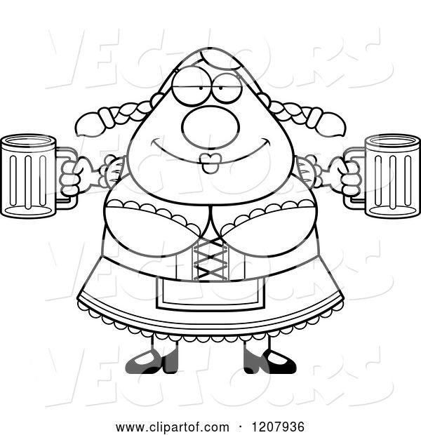 Vector of Cartoon Black and White Chubby Oktoberfest German Lady Holding Two Beers