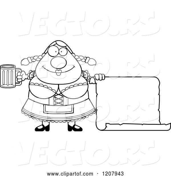Vector of Cartoon Black and White Chubby Oktoberfest German Lady with a Beer and Sign