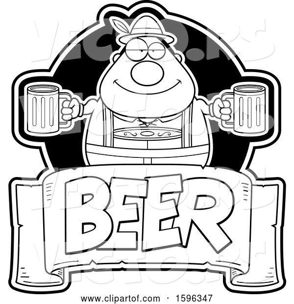 Vector of Cartoon Black and White Chubby Oktoberfest Guy Holding Beer Mugs over a Text Banner