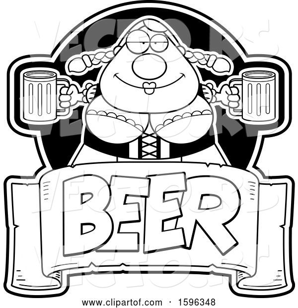 Vector of Cartoon Black and White Chubby Oktoberfest Lady Holding Beer Mugs over a Text Banner