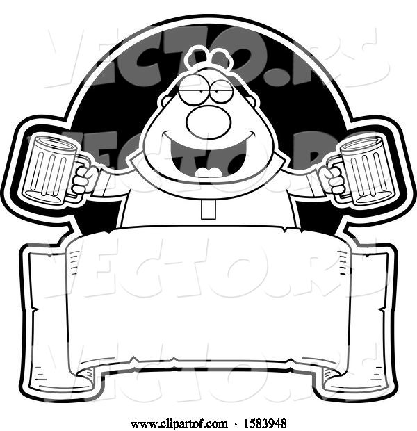 Vector of Cartoon Black and White Drunk Monk Holding Beer Mugs over a Blank Banner
