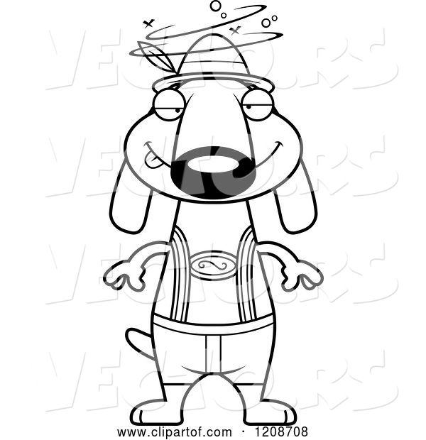 Vector of Cartoon Black and White Drunk Skinny German Oktoberfest Dachshund Dog Wearing Lederhosen