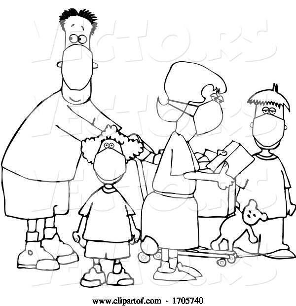 Vector of Cartoon Black and White Family Wearing Masks and Shopping During the Covid19 Pandemic