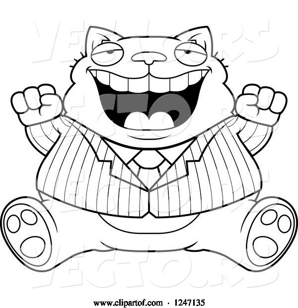 Vector of Cartoon Black and White Fat Business Cat Sitting and Cheering