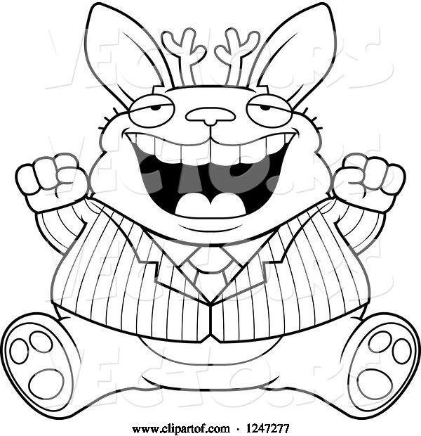 Vector of Cartoon Black and White Fat Business Jackalope Sitting and Cheering