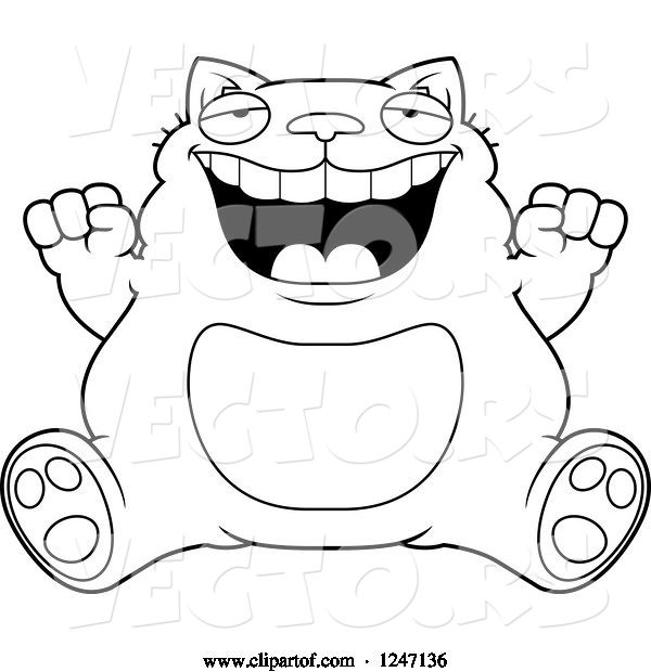 Vector of Cartoon Black and White Fat Cat Sitting and Cheering