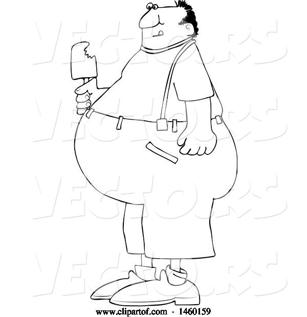 Vector of Cartoon Black and White Fat Guy Eating Ice Cream