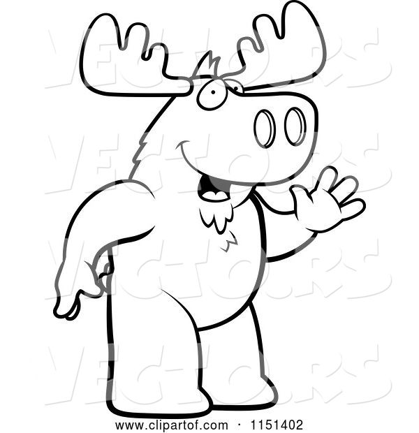 Vector of Cartoon Black and White Friendly Moose Standing and Waving