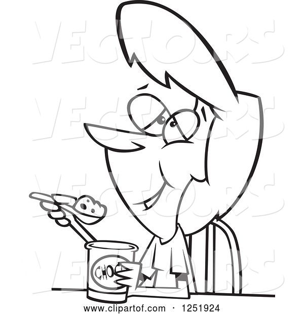 Vector of Cartoon Black and White Girl or Lady Enjoying Ice Cream