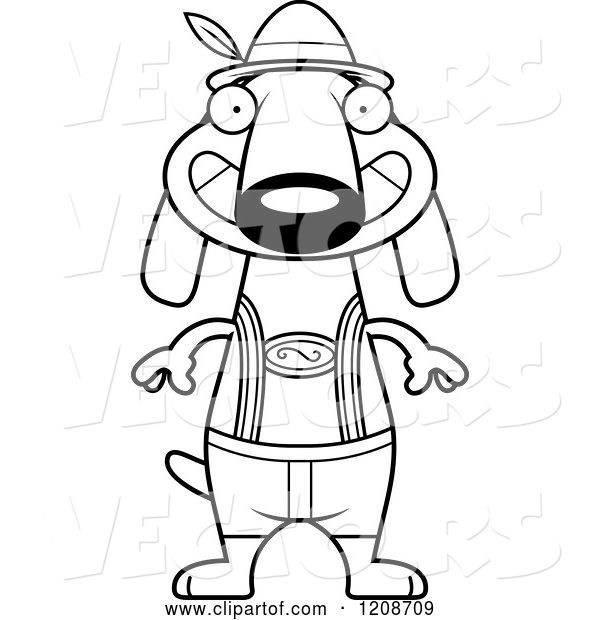 Vector of Cartoon Black and White Grinning Skinny German Oktoberfest Dachshund Dog Wearing Lederhosen