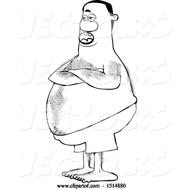 Vector of Cartoon Black and White Hairy Chubby Guy with Folded Arms, Standing in Swim Trunks