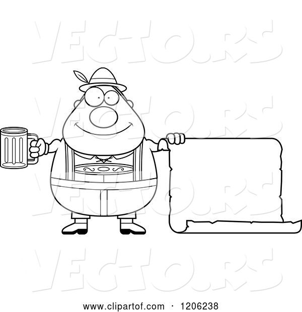 Vector of Cartoon Black and White Happy Chubby Oktoberfest German Guy Holding a Beer and Sign