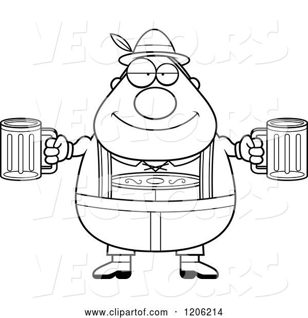 Vector of Cartoon Black and White Happy Chubby Oktoberfest German Guy Holding Two Beers