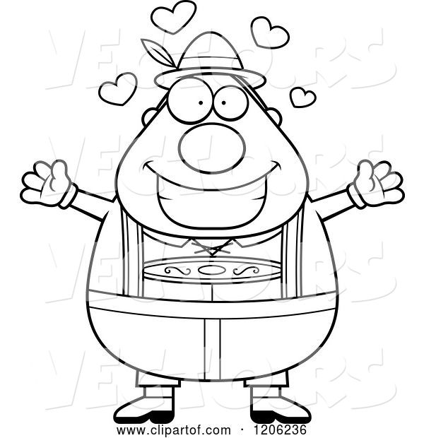 Vector of Cartoon Black and White Happy Chubby Oktoberfest German Guy Wanting a Hug