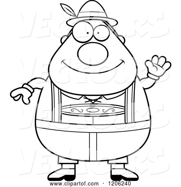 Vector of Cartoon Black and White Happy Chubby Oktoberfest German Guy Waving
