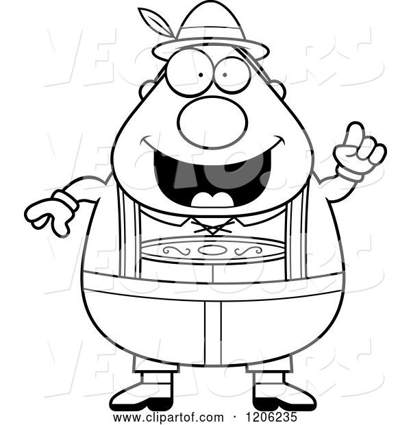 Vector of Cartoon Black and White Happy Chubby Oktoberfest German Guy with an Idea