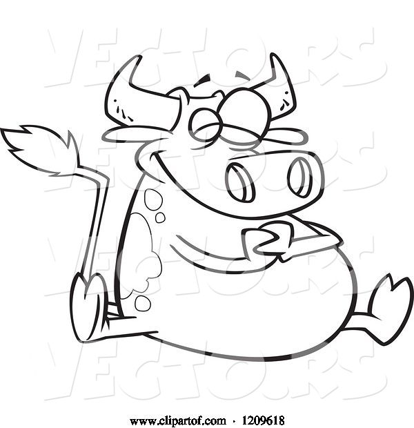 Vector of Cartoon Black and White Happy Fat Cow Sitting
