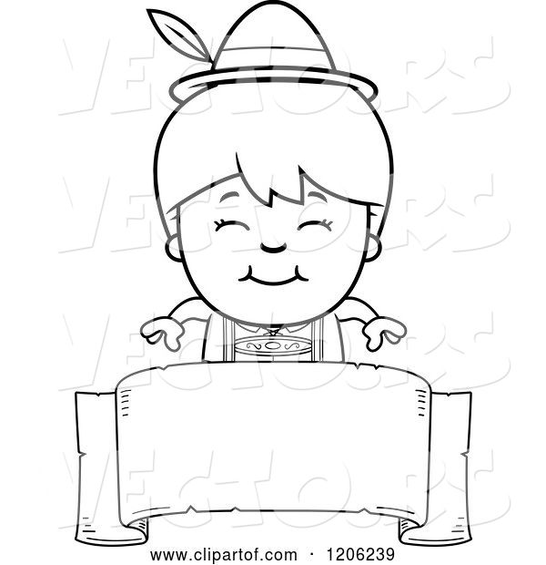 Vector of Cartoon Black and White Happy Oktoberfest German Boy over a Banner