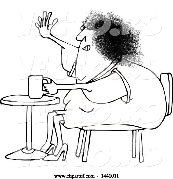 Vector of Cartoon Black and White Lineart Chubby Lady Sitting with Coffee at a Table and Waving with a Flabby Arm