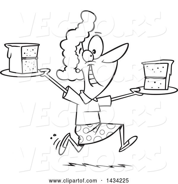 Vector of Cartoon Black and White Lineart Happy Lady Running with Slices of Cake