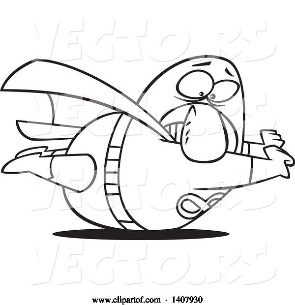 Vector of Cartoon Black and White Lineart Heavy Male Super Hero Stuck on the Ground
