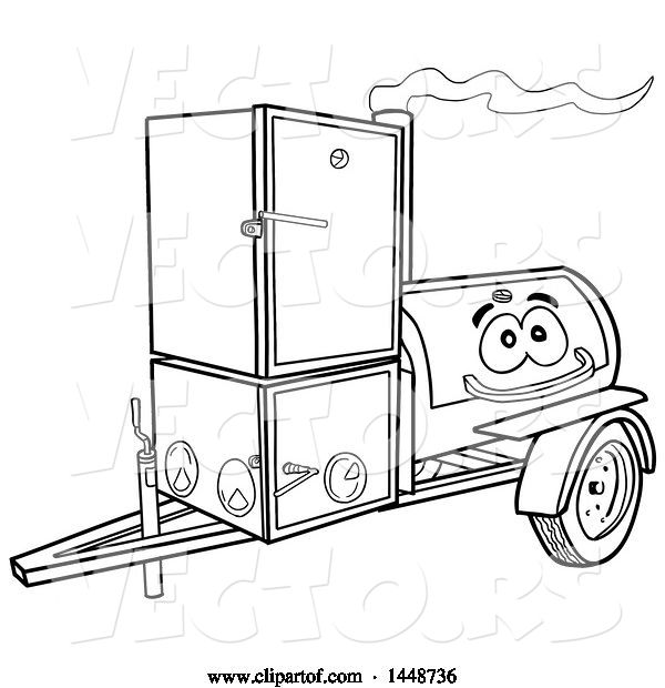 Vector of Cartoon Black and White Lineart Lang Offset Barbeque Smoker Trailer Mascot