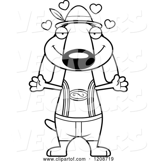 Vector of Cartoon Black and White Loving Skinny German Oktoberfest Dachshund Dog Wearing Lederhosen
