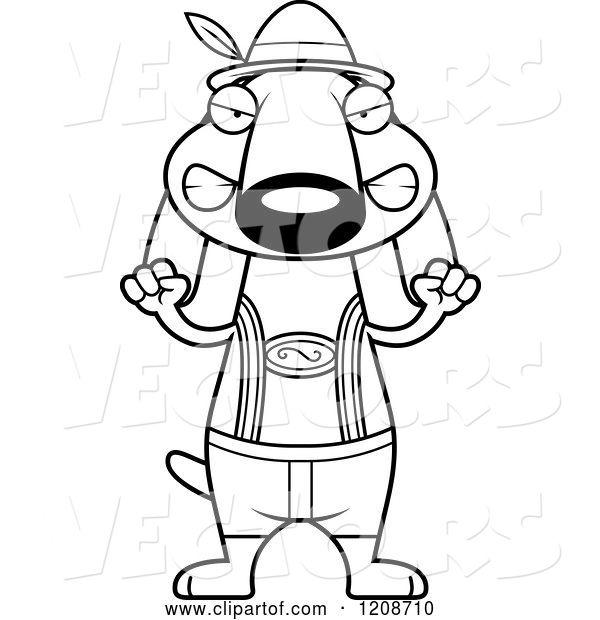 Vector of Cartoon Black and White Mad Skinny German Oktoberfest Dachshund Dog Wearing Lederhosen