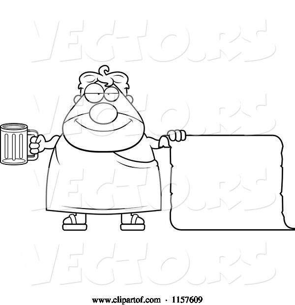 Vector of Cartoon Black and White Plump Frat Guy Holding Beer and a Blank Scroll