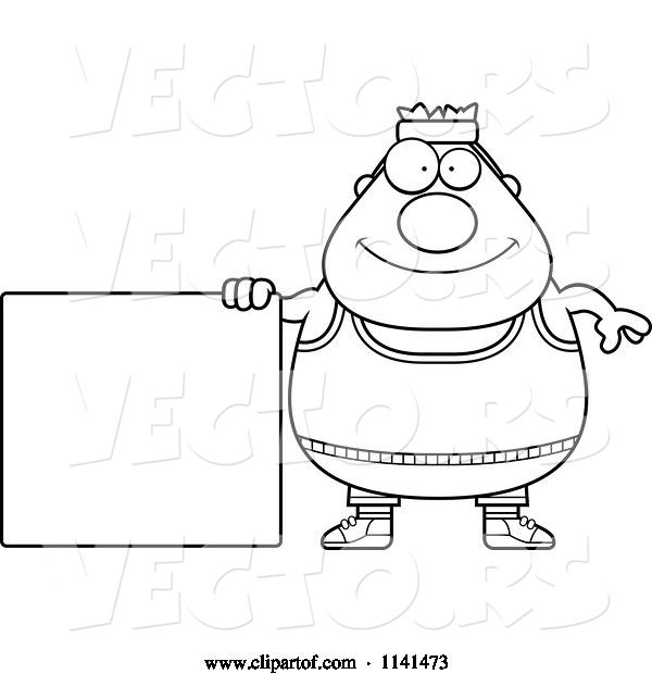 Vector of Cartoon Black and White Plump Gym Guy with a Sign