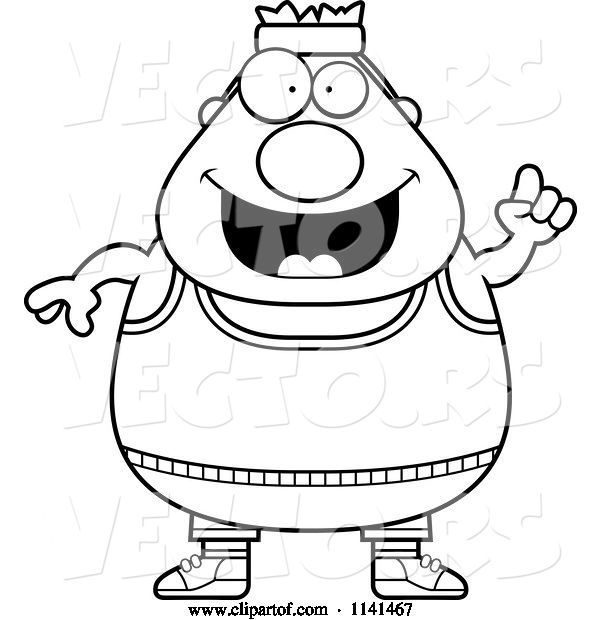 Vector of Cartoon Black and White Plump Gym Guy with an Idea