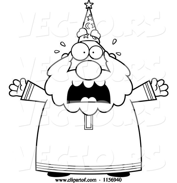 Vector of Cartoon Black and White Plump Old Wizard Freaking out