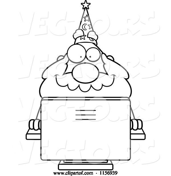 Vector of Cartoon Black and White Plump Old Wizard Using a Desktop Computer
