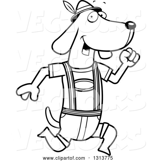 Vector of Cartoon Black and White Skinny German Oktoberfest Dachshund Dog Wearing Lederhosen and Running to the Right