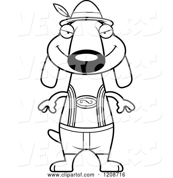 Vector of Cartoon Black and White Sly Skinny German Oktoberfest Dachshund Dog Wearing Lederhosen