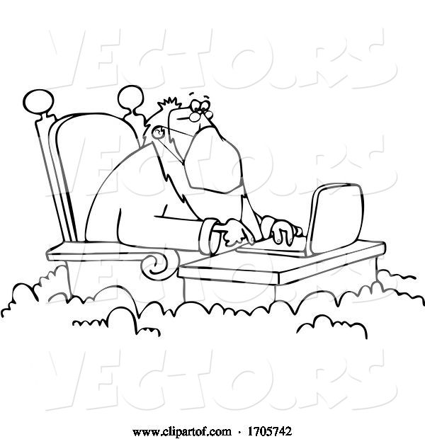 Vector of Cartoon Black and White St Peter Wearing a Mask and Working on a Laptop