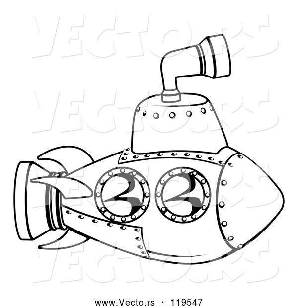 Vector of Cartoon Black and White Submarine Outline