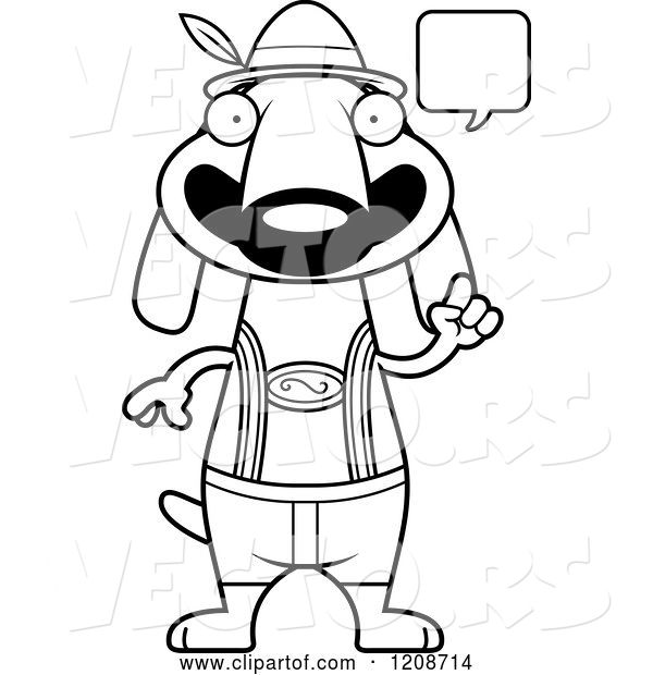 Vector of Cartoon Black and White Talking Skinny German Oktoberfest Dachshund Dog Wearing Lederhosen