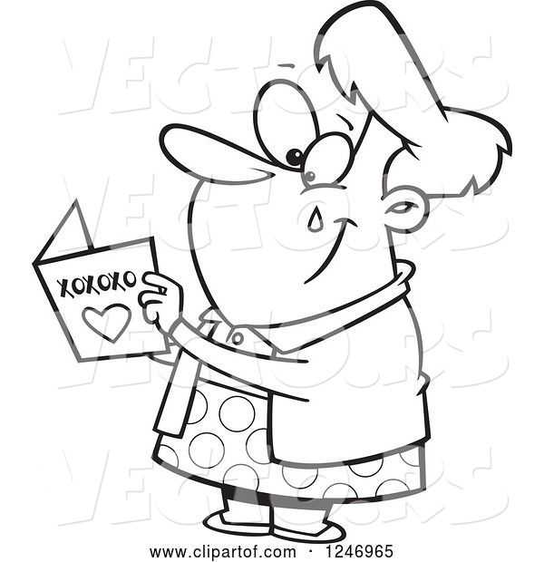 Vector of Cartoon Black and White Touched Granny Crying While Readig a Greeting Card