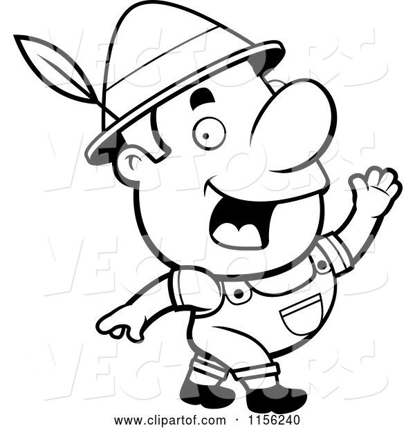 Vector of Cartoon Black and White Waving Oktoberfest Guy with a Feather in His Hat