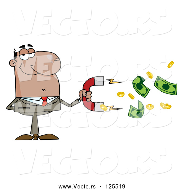 Vector of Cartoon Black Business Man Collecting Cash with a Money Magnet