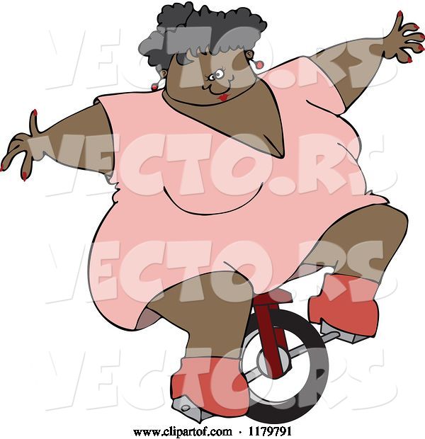 Vector of Cartoon Black Circus Fat Lady Riding a Unicycle