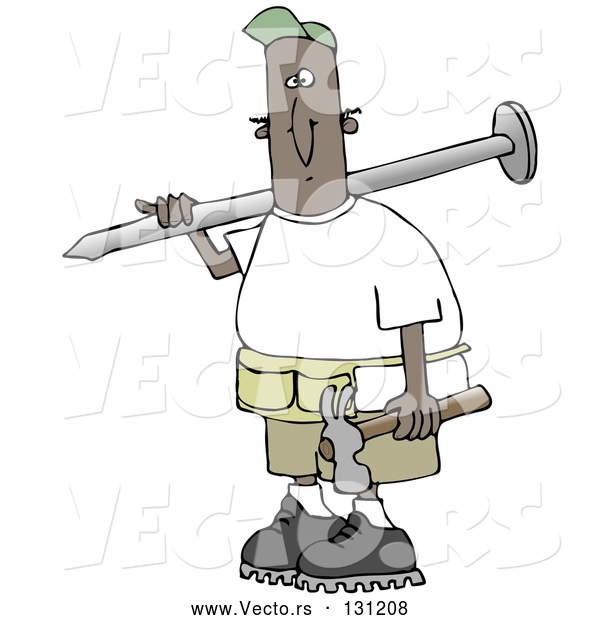 Vector of Cartoon Black Construction Worker Guy with a Giant Nail on His Shoulder, Carrying a Hammer in His Hand